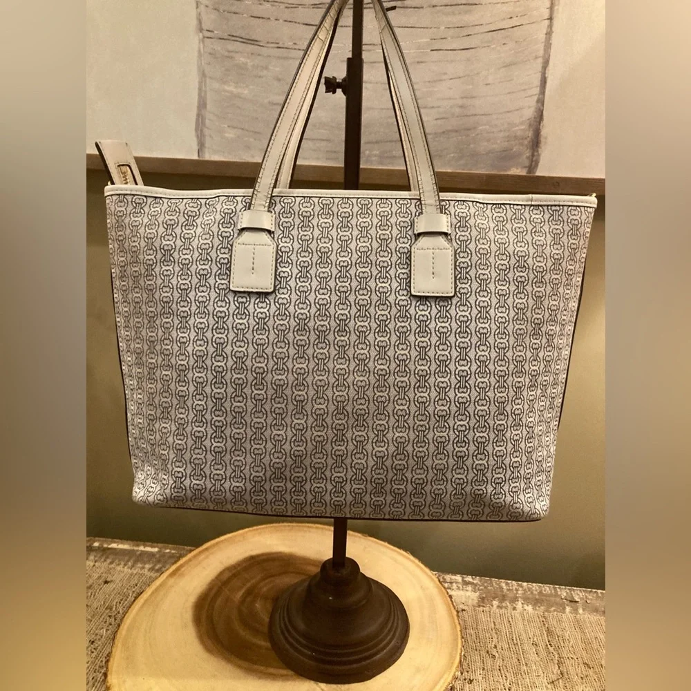 Tory Burch Gemini Link Coated Canvas White Leather Tote Bag Crossbody Strap - Picture 4 of 10